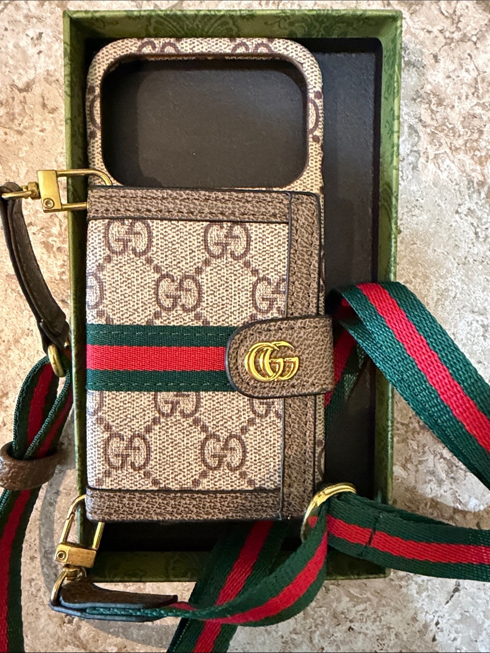 iPhone 17 Pro GG Monogram Phone Crossbody with Green-Red Web
